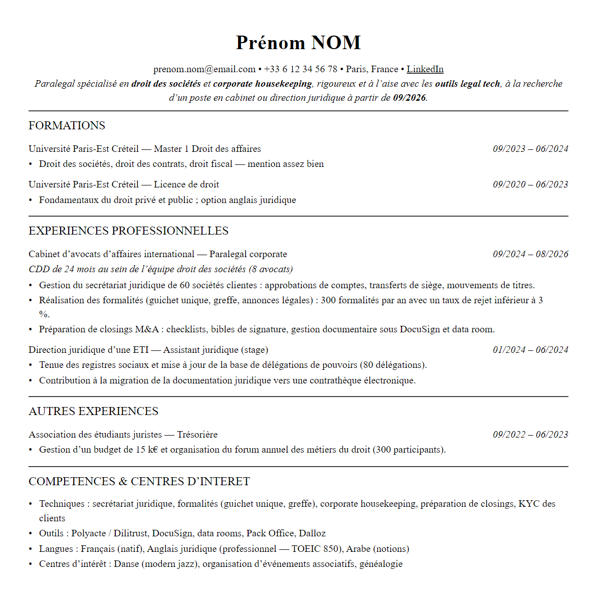 CV paralegal complet sur une page