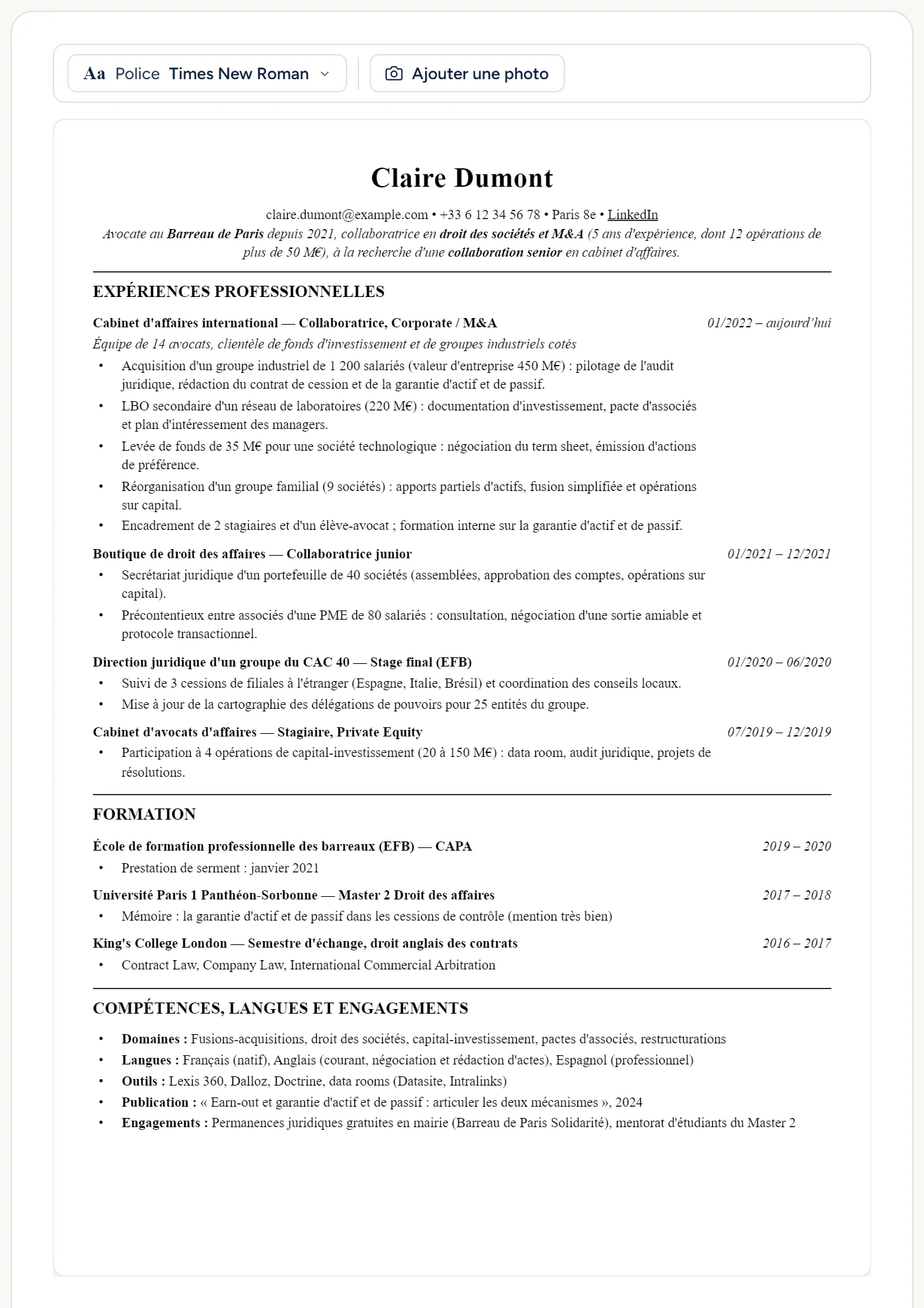 Aperçu du PDF exporté depuis AvocatCV